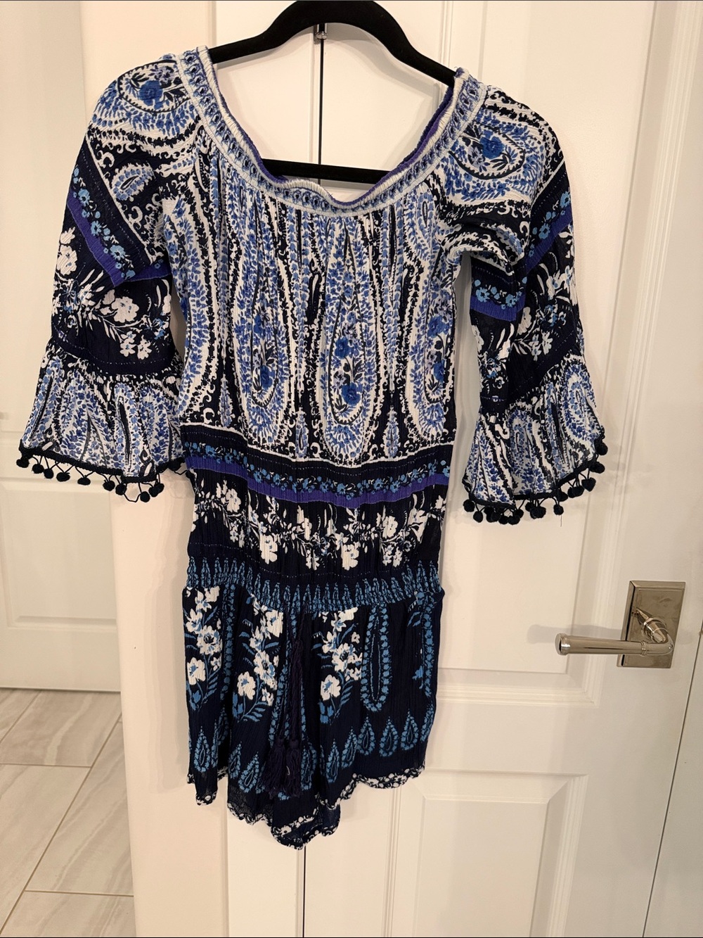 Anthropologie XS Blue Floral Paisley Off-Shoulder Boho romper